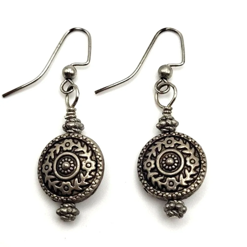Silvertone Antiqued Button Medallion Style‎ Dangle Drop Hook Earrings